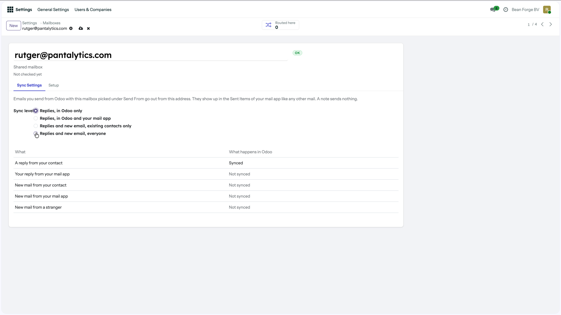 Mailboxinstellingen met vier syncniveaus en een tabel welke mail naar Odoo gaat
