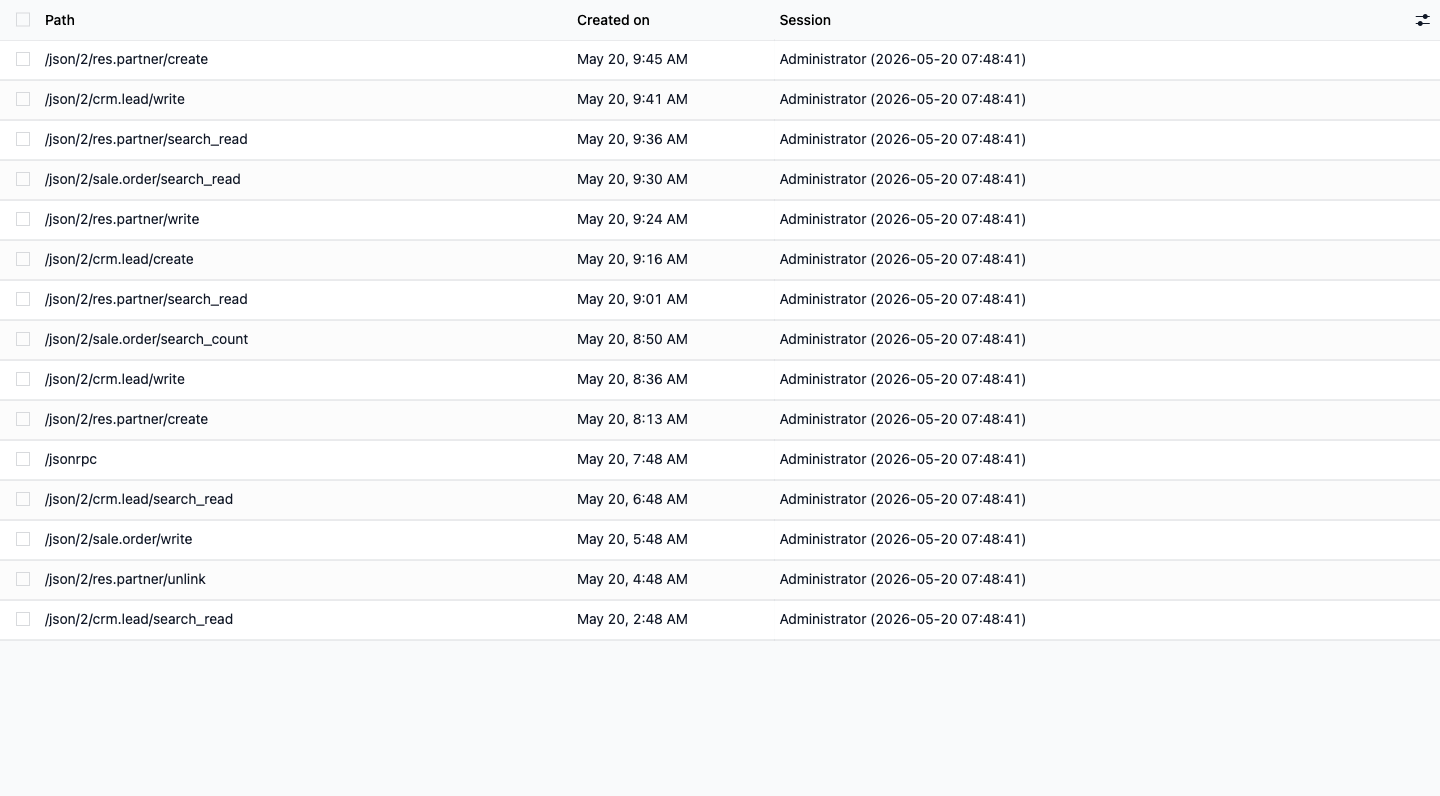 Audit log in Odoo showing one row per API call