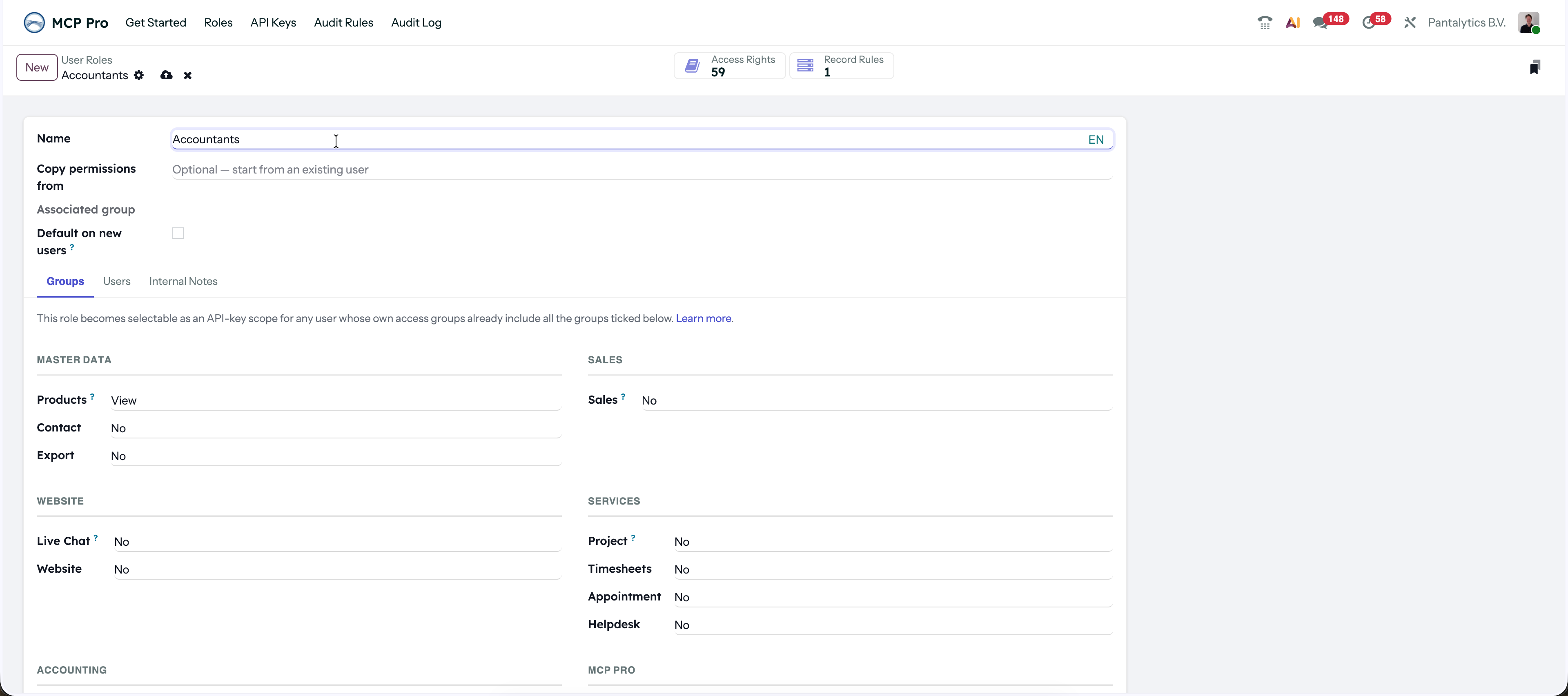 Role form in Odoo showing access per area
