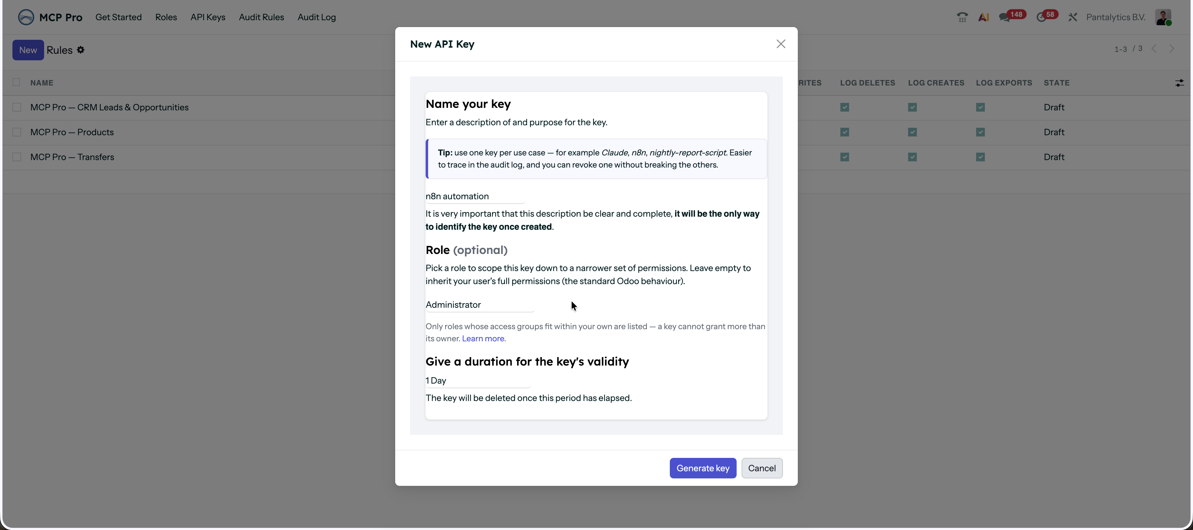 Selecting a role for a new API key in Odoo